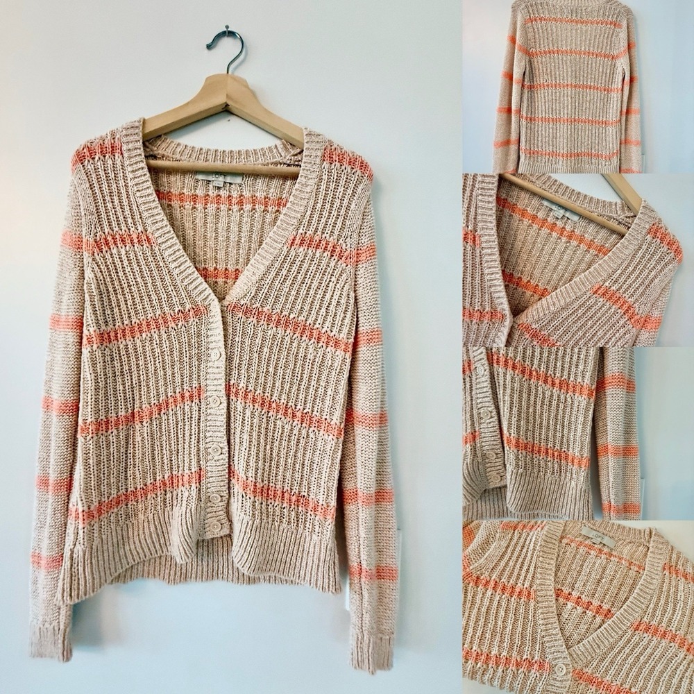 Ann Taylor Loft Women's‎ Sweater Cardigan Small Chunky Knit Pink Striped Button